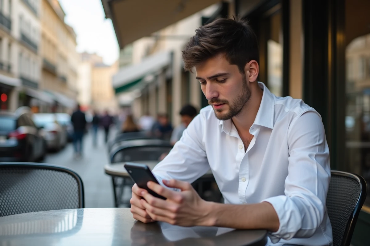 Jeune homme en chemise blanche consulte son profil LinkedIn au café à Bordeaux