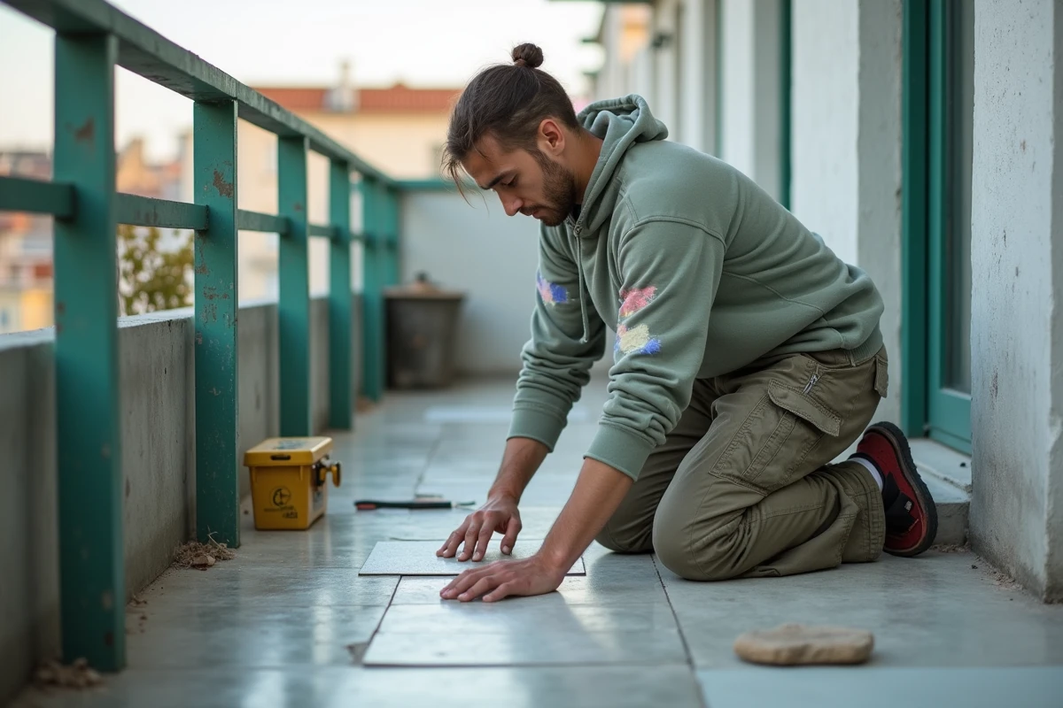 Jeune homme posant des carreaux sur balcon urbain