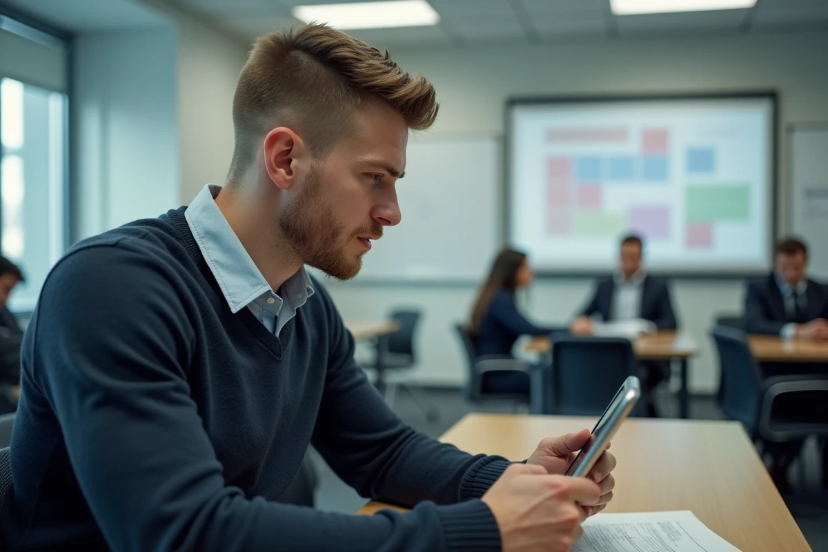 Jeune homme en salle de formation police etudie avec tablette