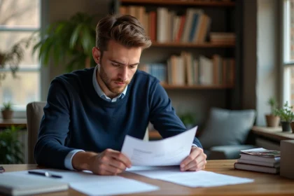 Jeune homme en intérieur examinant des documents financiers