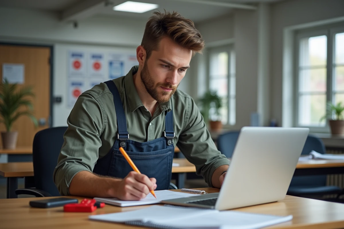 Jeune homme en formation avec outils et ordinateur