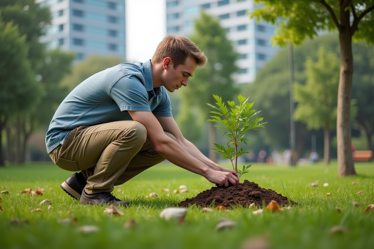 Jeune homme plantant un arbre dans un parc urbain