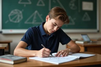 Étudiant en classe dessinant une pyramide dans son cahier