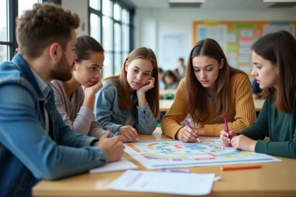 Jeunes lyc&eacute;ens discutant d'orientation scolaire