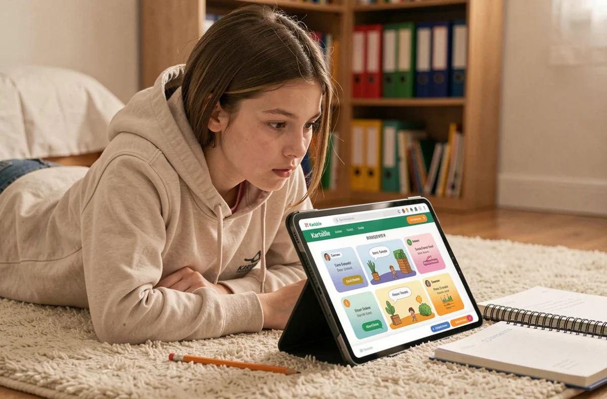 Collégienne utilisant la plateforme Kartable pour des exercices en ligne depuis sa chambre