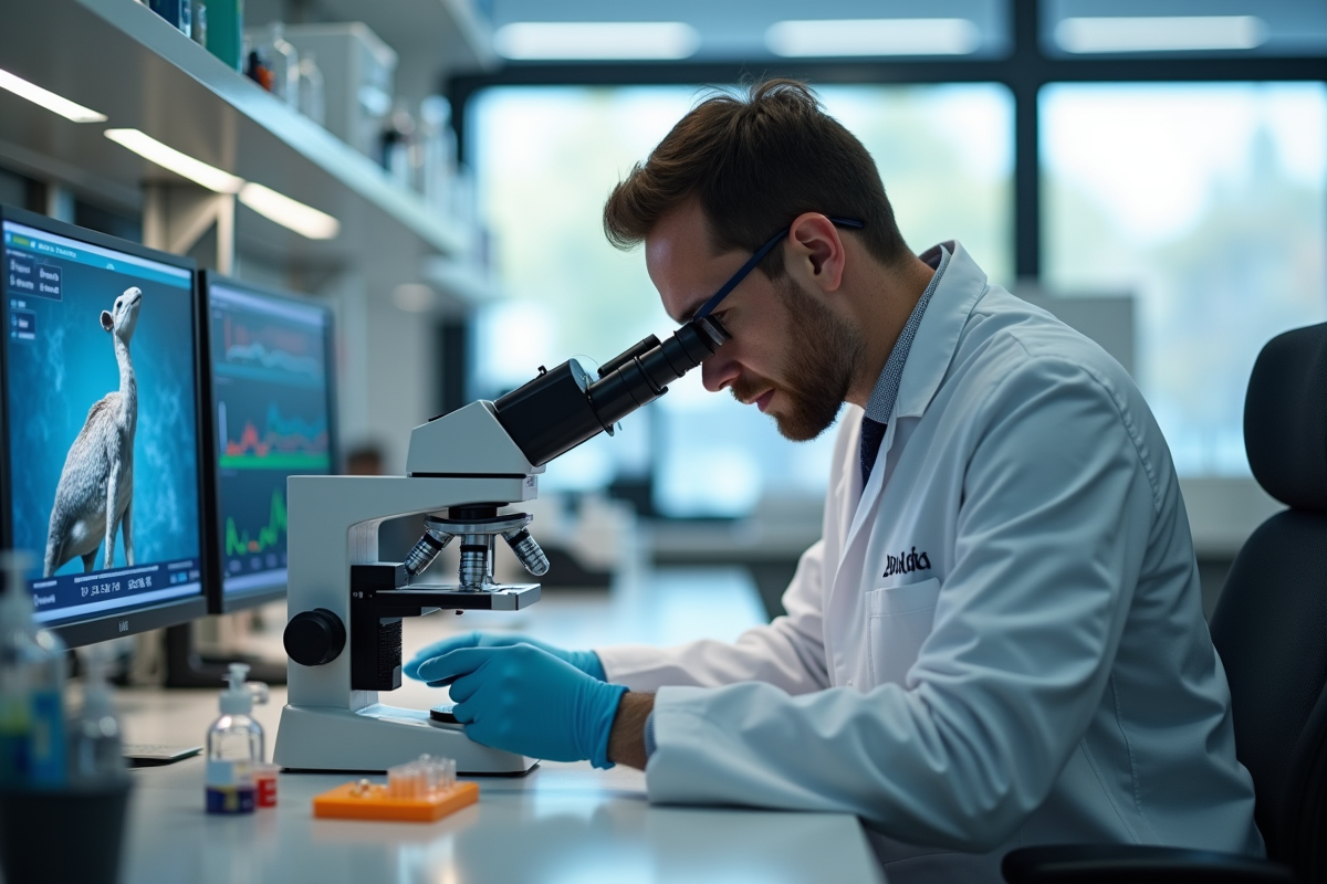 Un zoologiste analyse des échantillons animaux au microscope en laboratoire