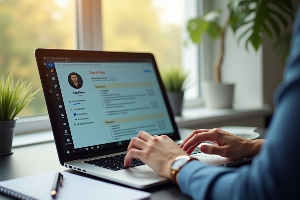 Main tapant sur un ordinateur portable avec un CV à l