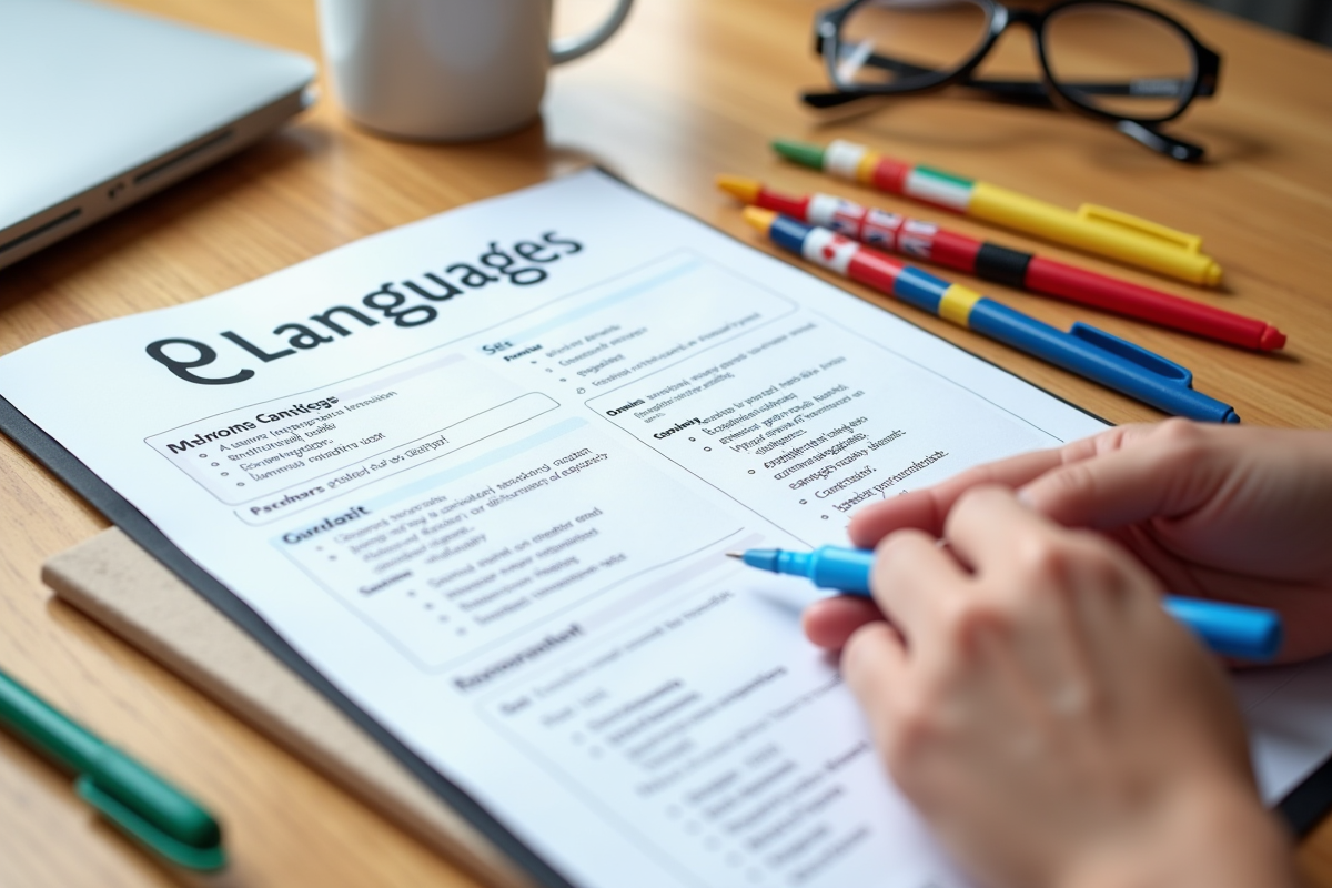 Main tenant un CV avec section langues sur une table lumineuse