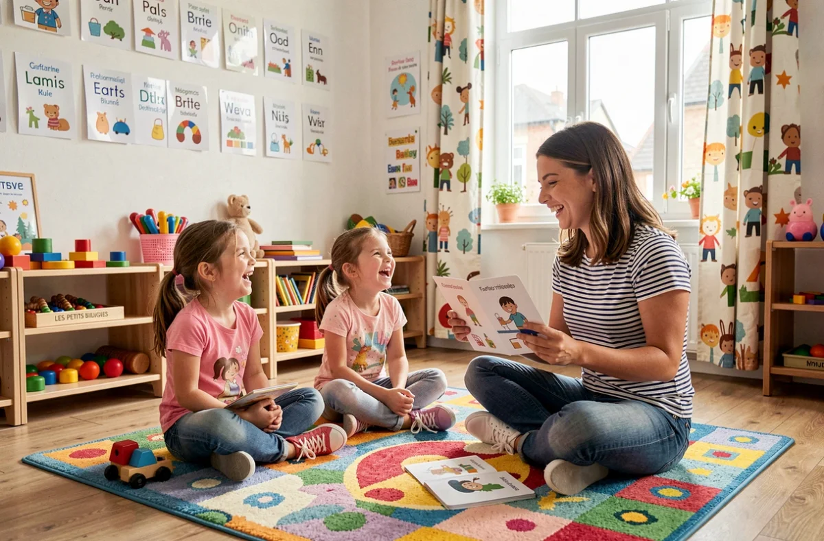 Jeunes enfants en session d'apprentissage bilingue avec une éducatrice enthousiaste chez Les Petits Bilingues à Rouen, dans une salle colorée et ludique
