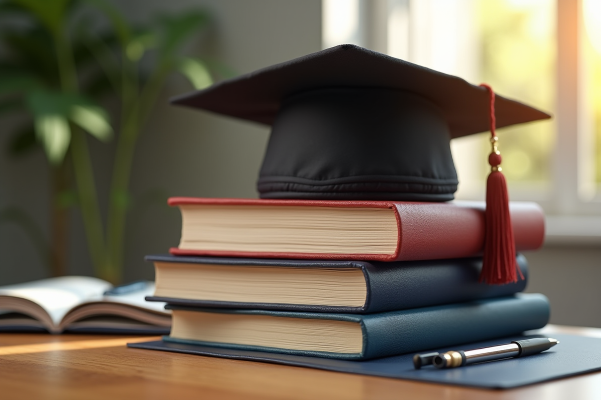 Livres de finance avec chapeau de graduation et portefeuille
