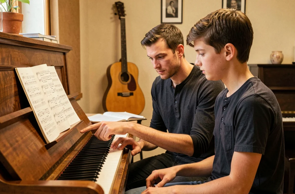Loïc, professeur de musique à Lille, donnant un cours de piano à un adolescent dans un studio musical chaleureux