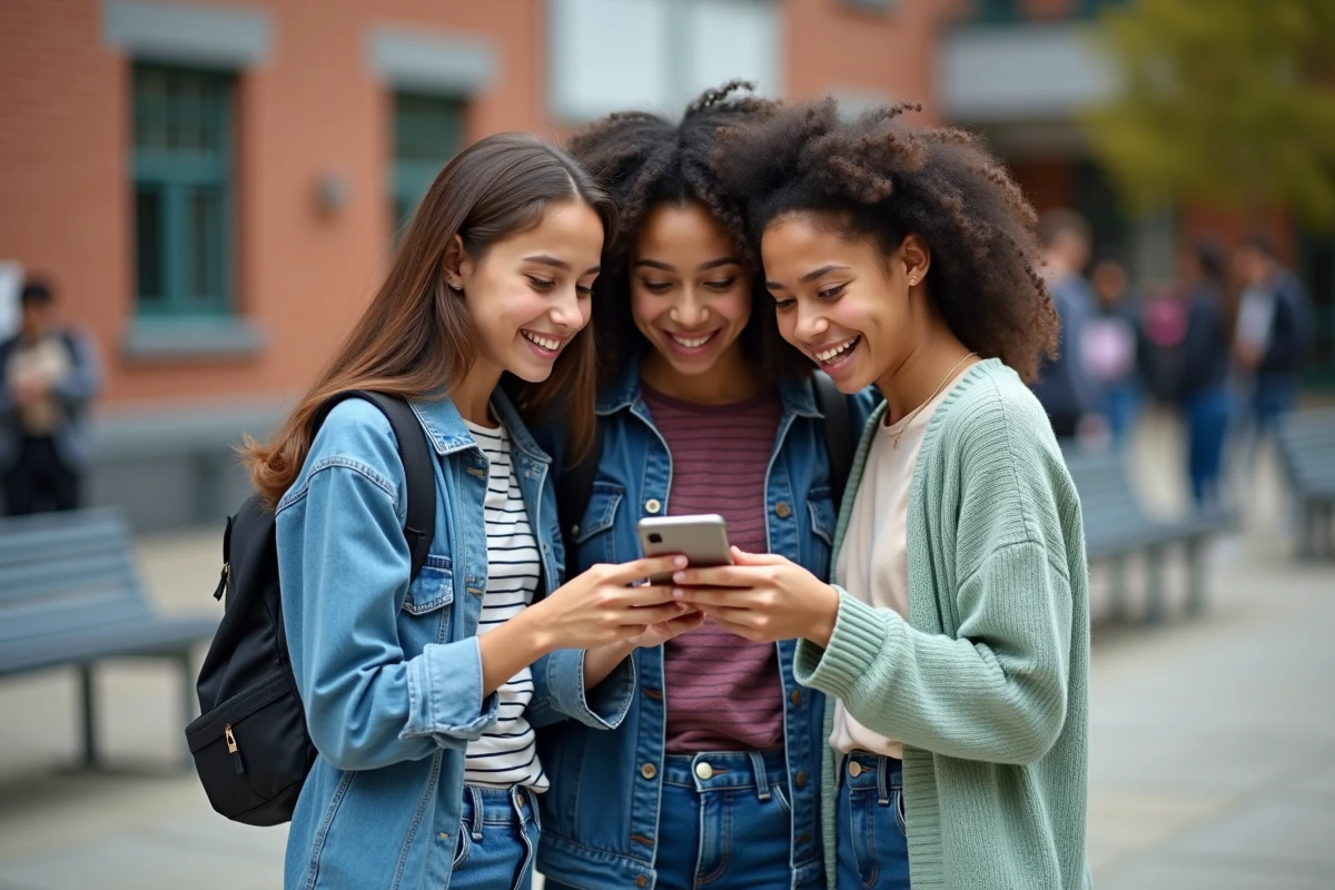 Groupe de lycéens découvrant les résultats du baccalauréat sur un smartphone dans la cour du lycée