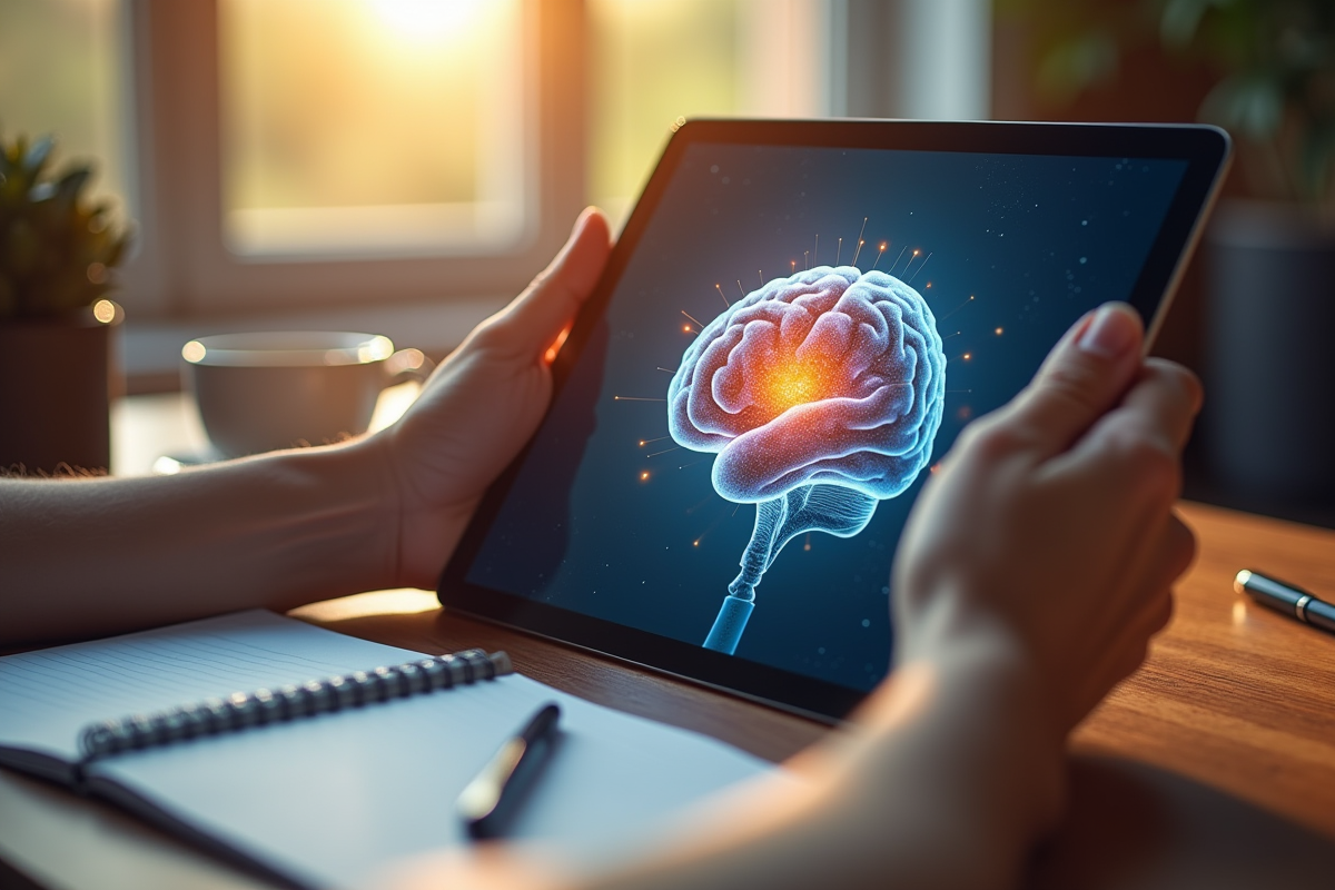Main tenant une tablette avec un cerveau en 3D sur un bureau lumineux