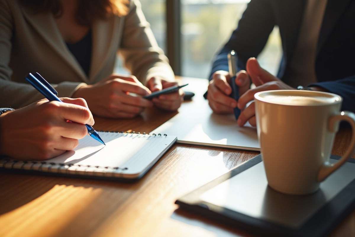 Mains tenant un carnet un smartphone un stylo et une tasse de café