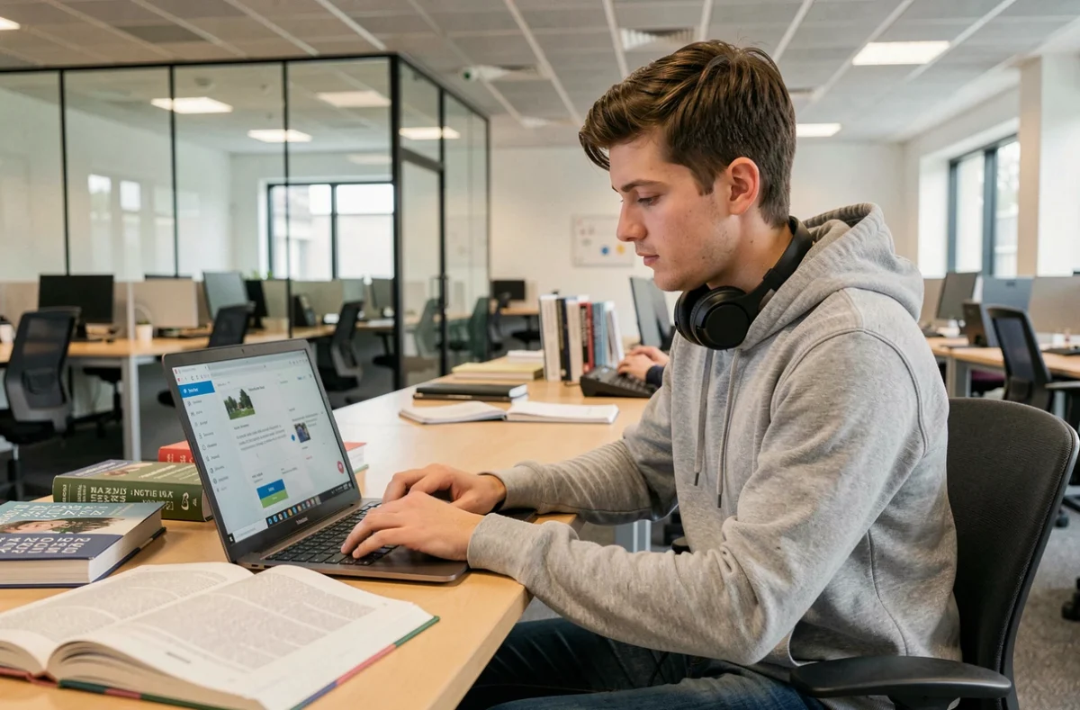 Étudiant universitaire travaillant sur un exercice de langue étrangère à la Maison des Langues de l'Université de Rouen, entouré de ressources pédagogiques