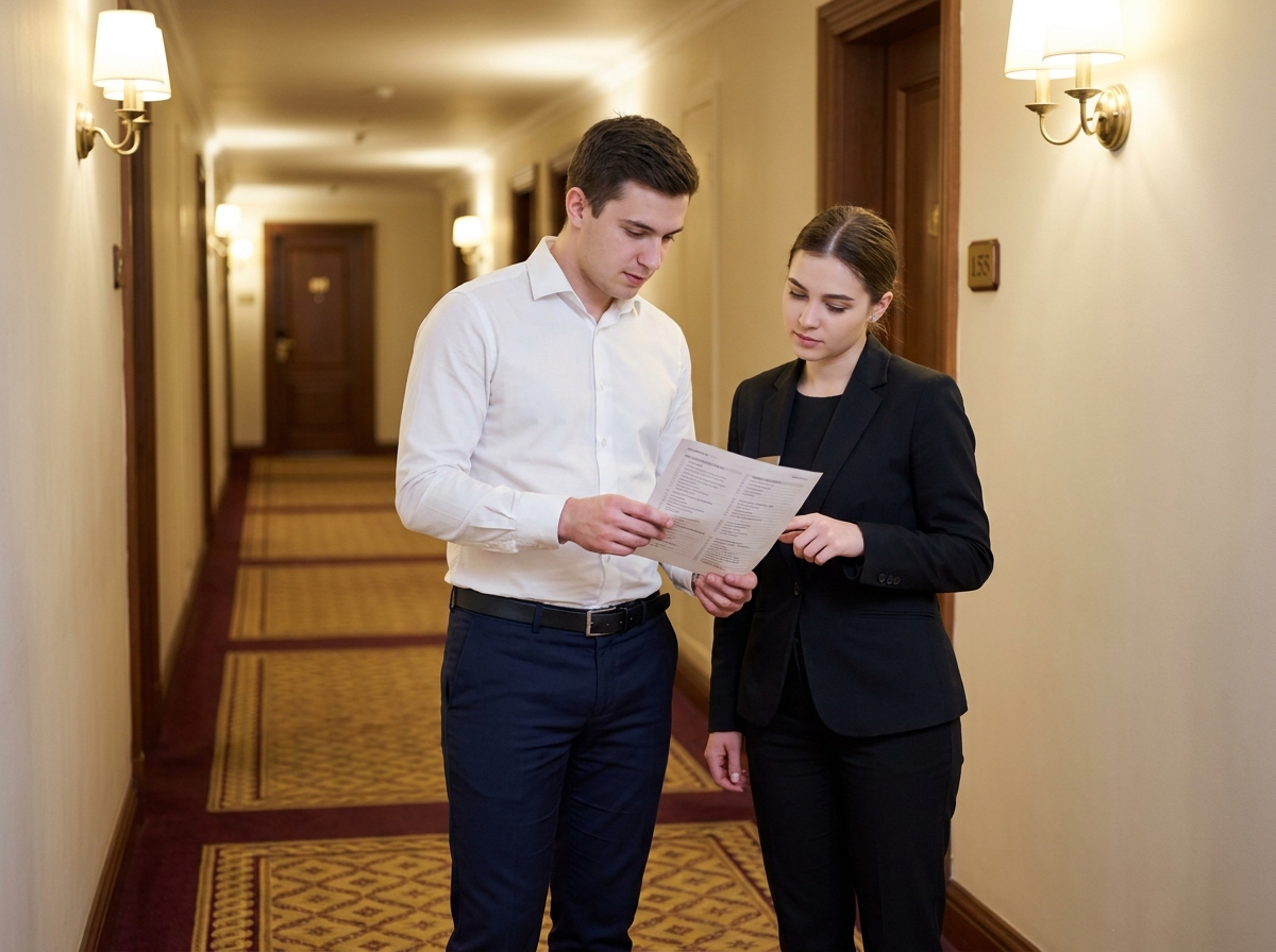 Manager hôtelier supervisant et formant une jeune employée dans un couloir d'hôtel élégant