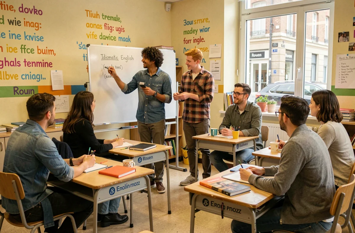Deux enseignants co-animant un cours d'anglais conversationnel pour adultes dans la salle conviviale de l'école Marmignon Brothers à Rouen