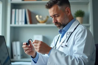 Medecin examine un appareil auditif en cabinet