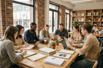 Groupe de professeurs particuliers et élèves travaillant ensemble autour d'une grande table dans un espace moderne des Hauts-de-France