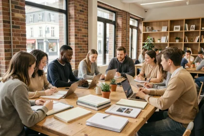 Groupe de professeurs particuliers et élèves travaillant ensemble autour d'une grande table dans un espace moderne des Hauts-de-France