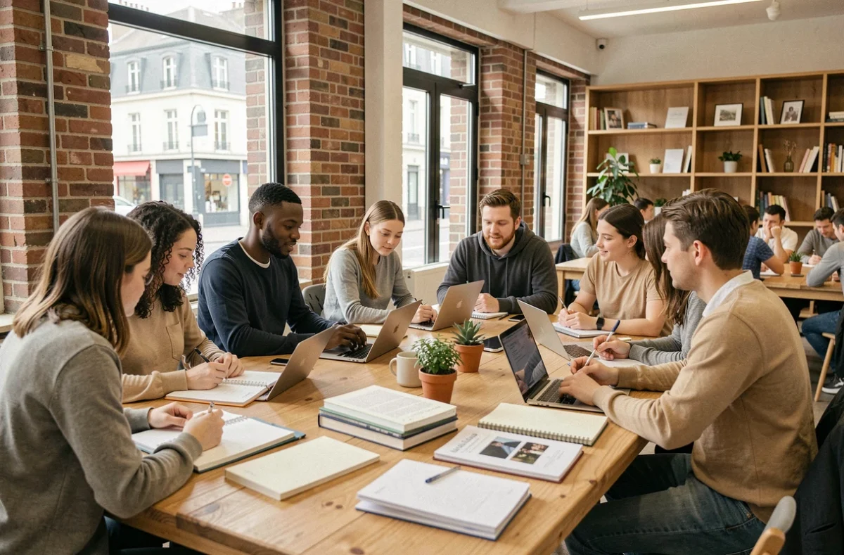Groupe de professeurs particuliers et élèves travaillant ensemble autour d'une grande table dans un espace moderne des Hauts-de-France
