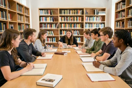Groupe d'élèves recevant des cours particuliers dans une bibliothèque moderne dans le Nord