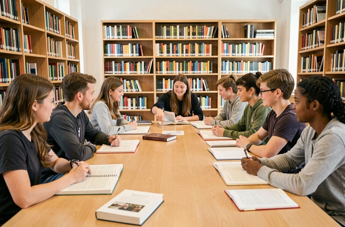 Groupe d'élèves recevant des cours particuliers dans une bibliothèque moderne dans le Nord