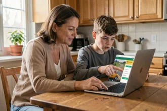 Mère aidant son fils adolescent à préparer l'ASSR sur un ordinateur portable à la table de cuisine