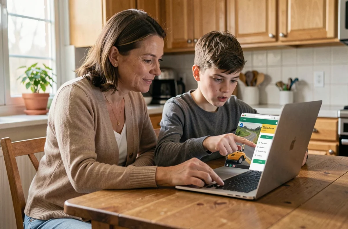 Mère aidant son fils adolescent à préparer l'ASSR sur un ordinateur portable à la table de cuisine