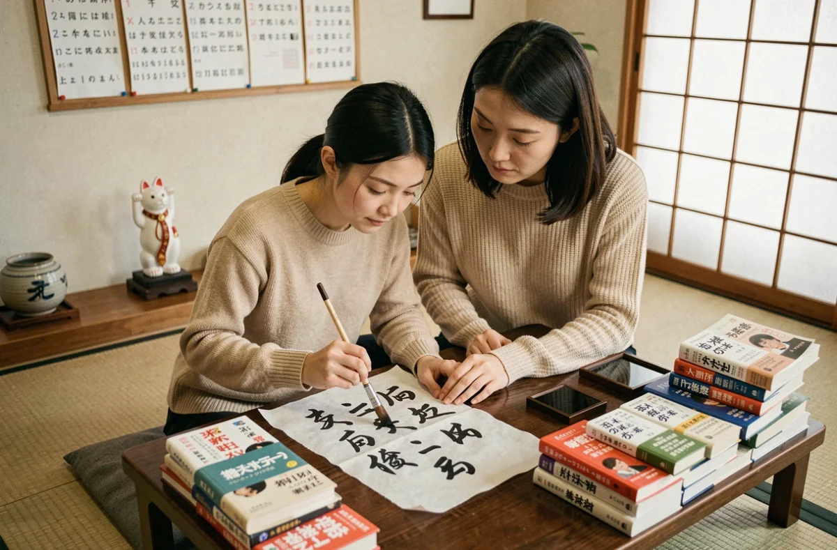 Étudiante pratiquant la calligraphie japonaise sous la supervision d'un enseignant à Nihongo Rouen, dans une salle décorée de références culturelles japonaises