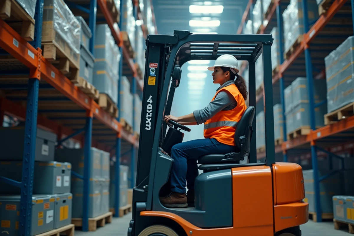 Opératrice logistique en chariot élévateur CACES 3 soulevant une palette en hauteur dans un entrepôt frigorifique