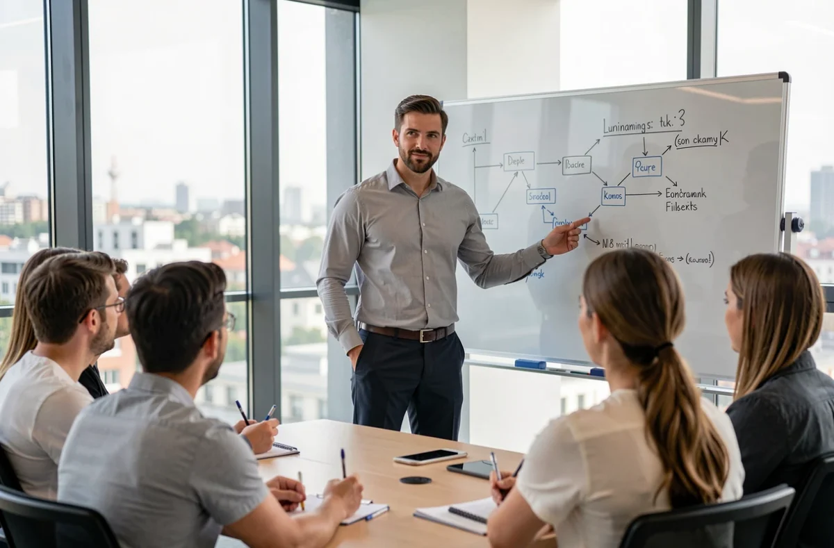 Formateur en formation professionnelle continue présentant une stratégie à des apprenants adultes dans les locaux d'Orsys Toulouse