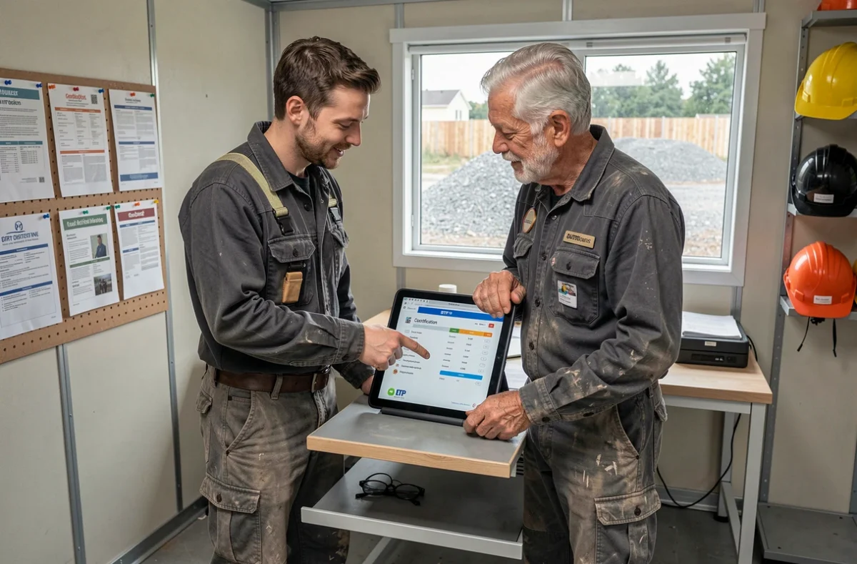 Deux ouvriers du BTP consultant ensemble une certification professionnelle CPF sur une tablette dans un bureau de chantier