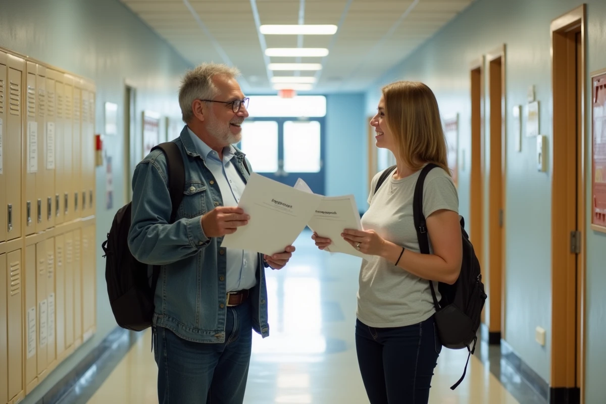 Parent et enseignant discutant dans le couloir de l