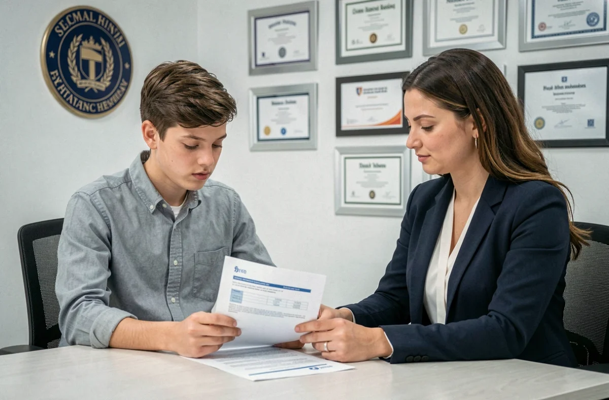 Un lycéen et une conseillère examinent les modalités du Pass-Éducation dans un bureau institutionnel