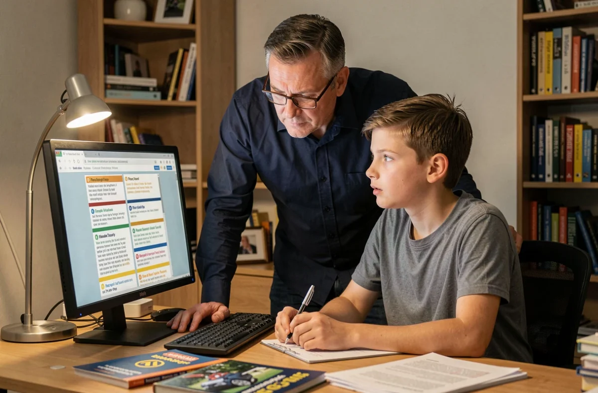 Père accompagnant son fils dans la préparation à l'examen ASSR devant un ordinateur de bureau