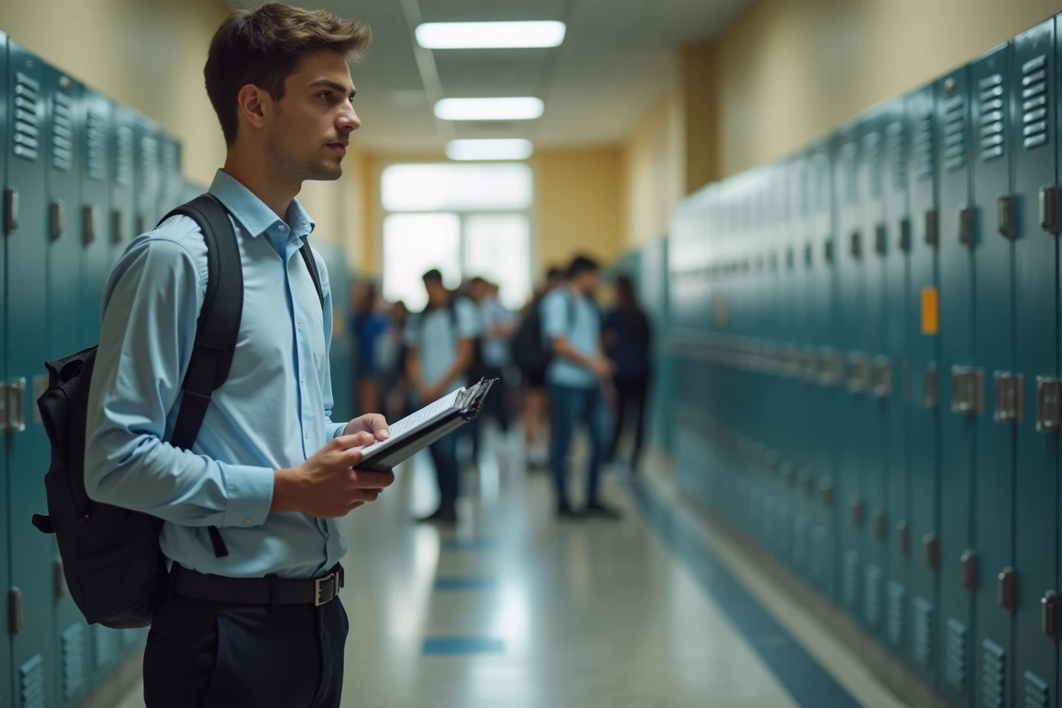 Jeune assistant d'éducation surveillant un couloir de collège pendant une pause entre les cours