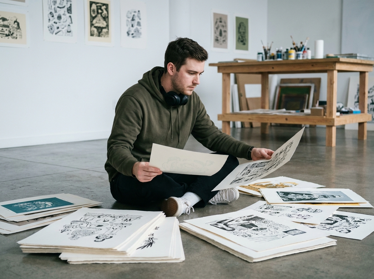 Jeune illustrateur examinant ses travaux de portfolio sur le sol d'un studio d'art minimaliste pour préparer sa carrière