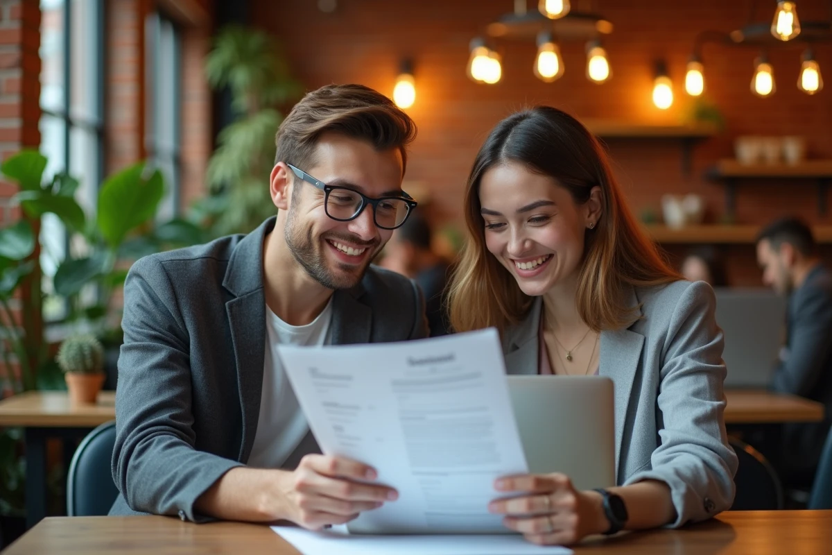 Deux jeunes professionnels issus d'une école de design relisant un CV dans un espace de coworking