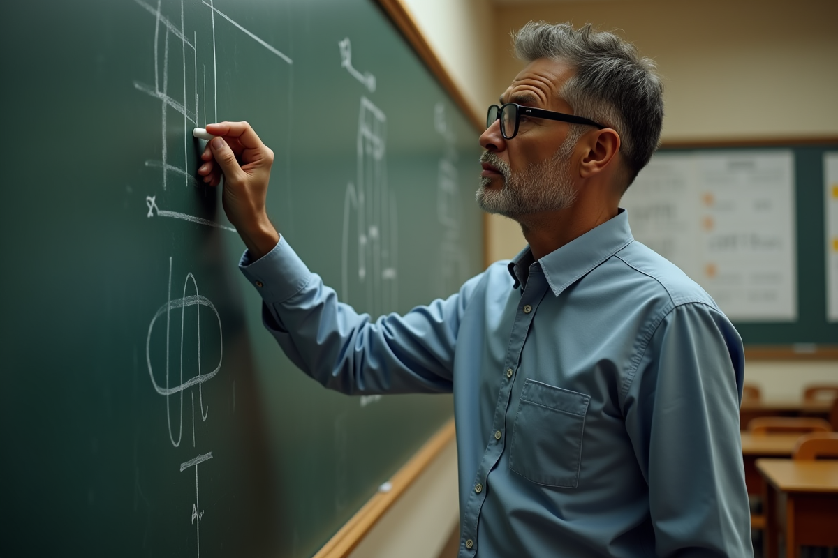 Professeur dans classe marquant un diagramme au tableau