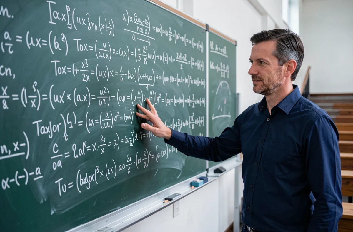 Professeur de mathématiques expliquant les équivalents et développements limités au tableau noir