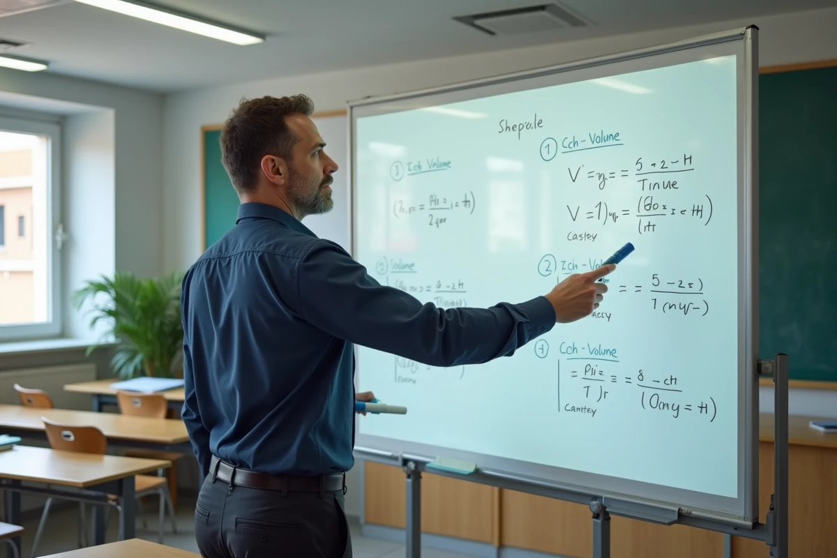 Professeur de math&eacute;matiques expliquant le calcul du volume d'un cylindre en litres au tableau blanc dans une salle de classe