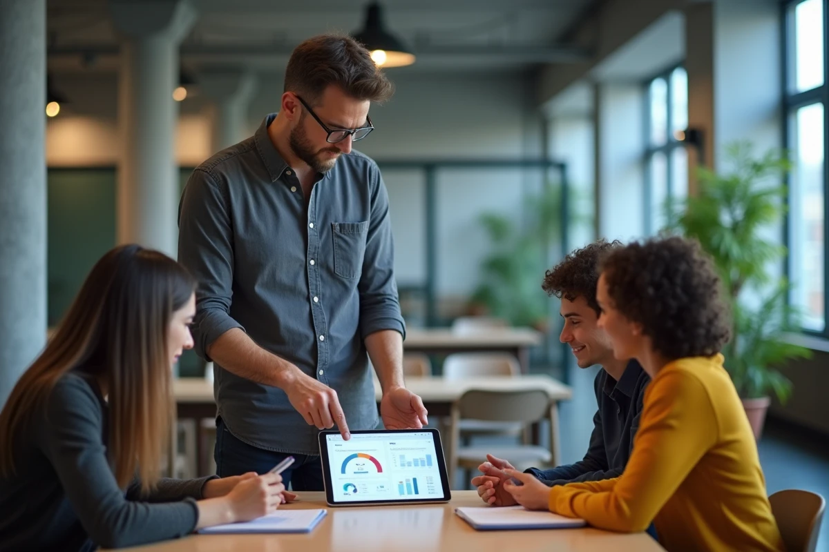 Professeur PSB accompagnant un groupe d'étudiants autour d'un tableau de bord pédagogique numérique sur Psblearn