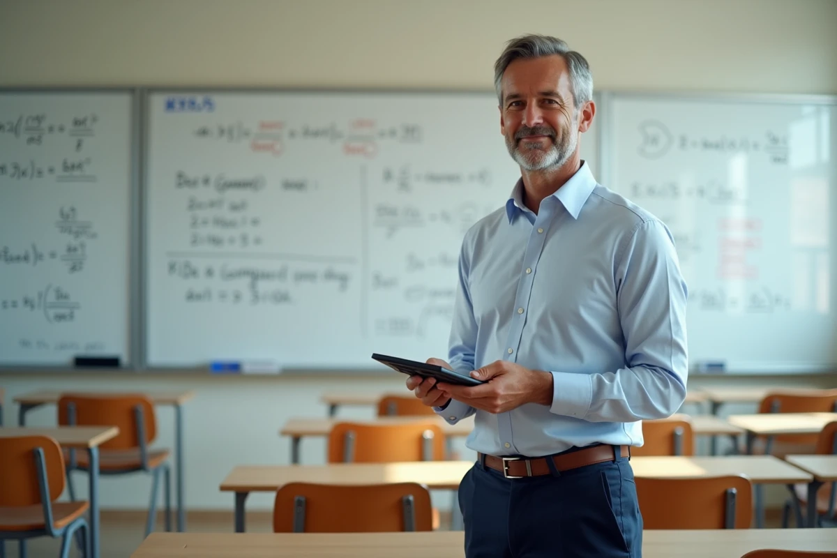 Professeur montrant une calculatrice graphique en classe