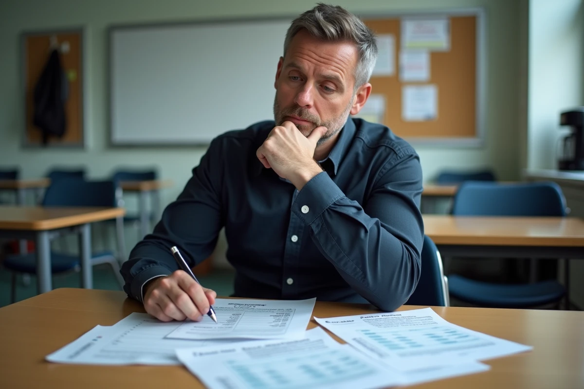 Professeur examinant ses fiches de paie dans une salle des professeurs, en lien avec les changements salariaux liés à la suppression du Pacte enseignant en 2026