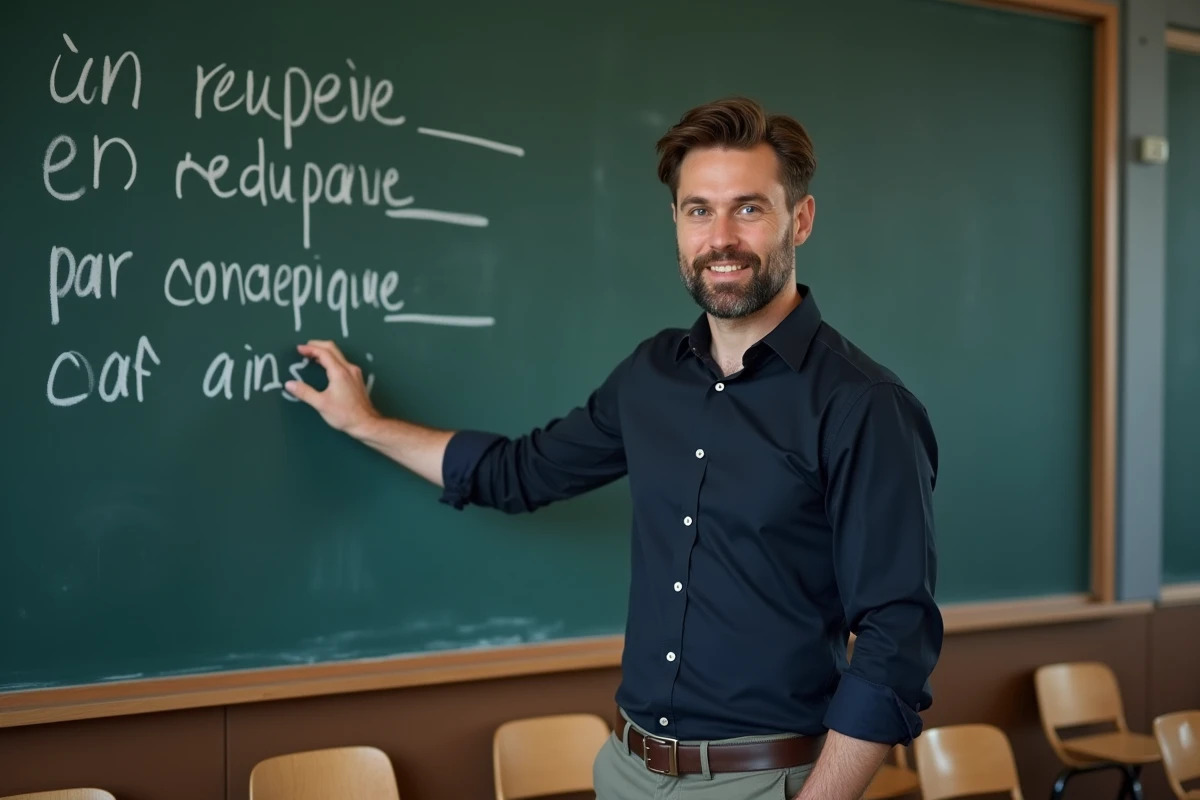 Professeur présentant des connecteurs logiques organisés en colonnes sur un tableau noir dans une salle de classe moderne