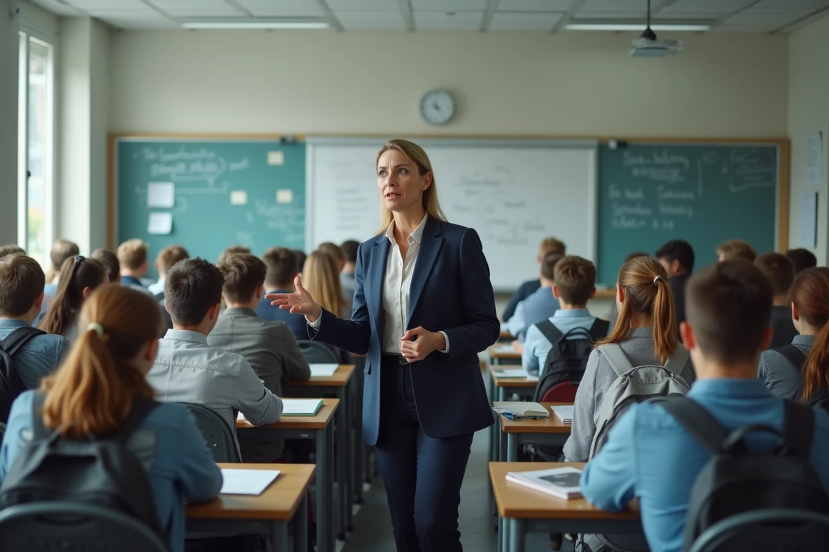 Professeure de lycée face à une classe surchargée en France, tableau rempli de notes, élèves nombreux assis en rangs serrés dans une salle de classe institutionnelle