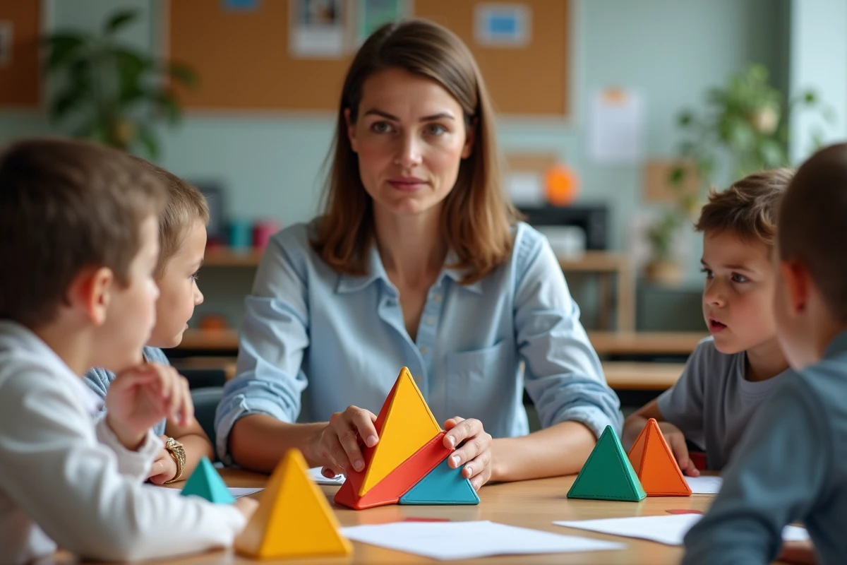 Professeure montrant un mod&egrave;le 3D de pyramide aux &eacute;l&egrave;ves