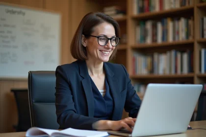 Professeure PSB consultant le suivi pédagogique de ses étudiants sur Psblearn depuis son bureau universitaire