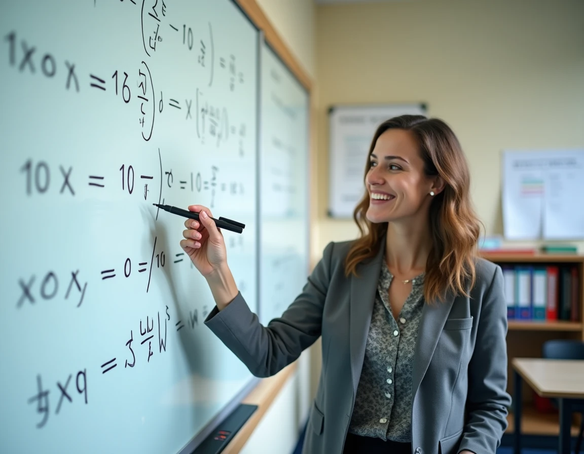Enseignante expliquant les puissances de 10 au tableau blanc dans une salle de classe de mathématiques